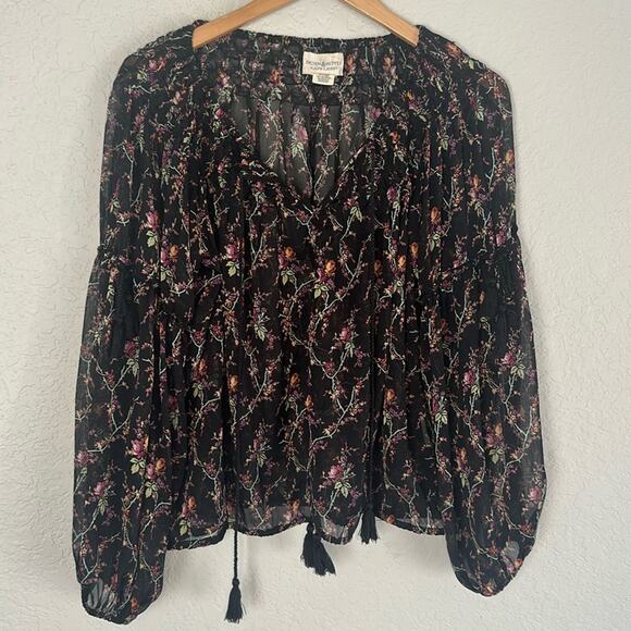 Ralph Lauren Denim & Supply Sheer Boho Peasant Top Black Floral Long Sleeve Fall - Picture 1 of 9